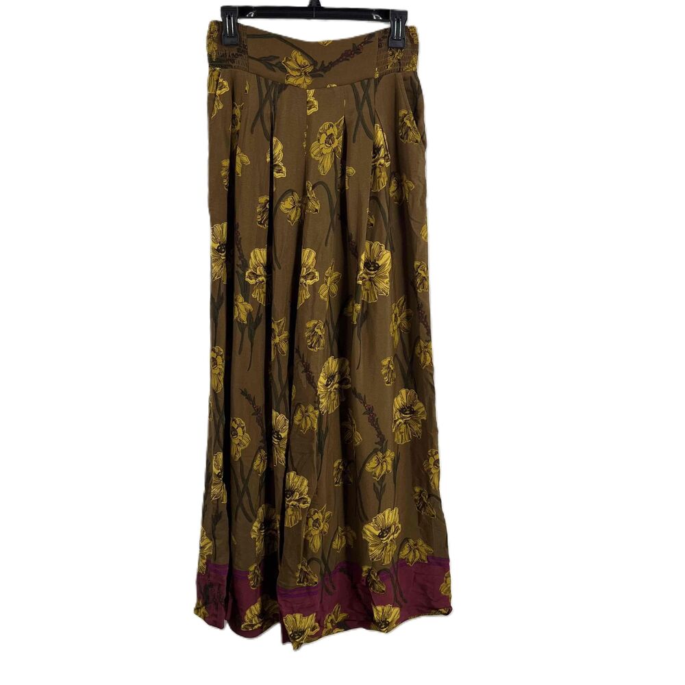 Anthropologie Wide Leg Pants Brown Yellow Floral‎ Lightweight Pleated Maeve 0